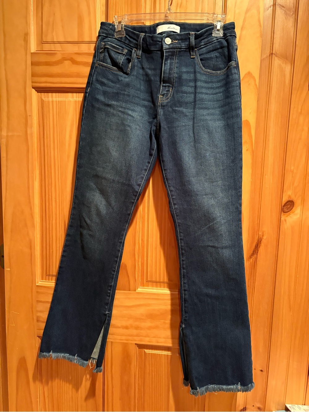 KanCan high-rise side-slit flare jeans medium-to-dark wash frayed hemline size 6